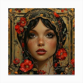 Girl With Red Flowers Canvas Print