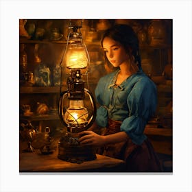 Person Holding Kerosene Lamp Canvas Print