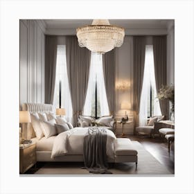 A Luxurious White Bed Sits In A Modern Yet Elegant Bedroom Centered Under A Chandelier, Surrounded By Pillows And Windows Providing Natural Light 1 Canvas Print
