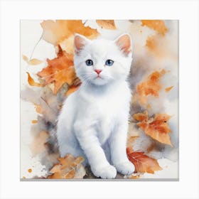 White Kitten In Autumn Leaves Canvas Print