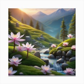 Lotus Flowers In A Mountain Stream Canvas Print