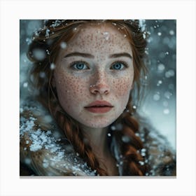 Macro Portrait Freckled Woman Ensconced In A Snowy Fur Jacket Individual Snowflakes Clinging To Th 1 Canvas Print