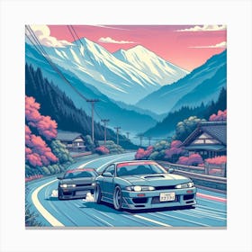 Japanese cars drifitng down a mountain pass Canvas Print