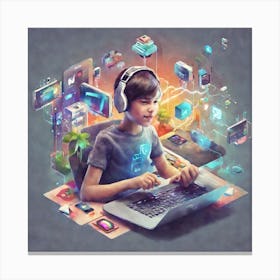 Boy Using A Laptop 3 Canvas Print