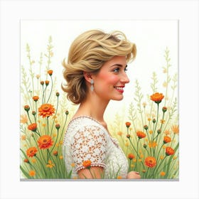 Watercolor Portrait Of Princess Diana Amidst A Field Of Wildflowers 1 Canvas Print