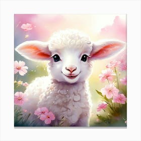 Lamb In Pink Flowers Canvas Print