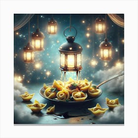 Plate Of Pasta With A Lantern Canvas Print