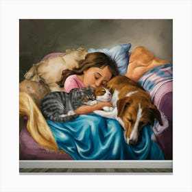 Little Girl Sleeping With Cat And Dog Canvas Print