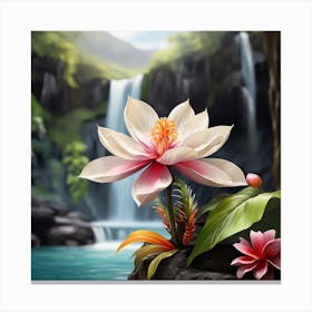 Lotus Flower With Waterfall Canvas Print