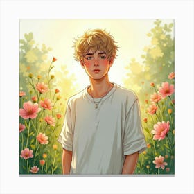 Watercolor Of Justin Bieber In A Sunlit Garden, Surrounded By Flowers Canvas Print