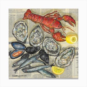 Seafood Lobsters Oysters Anchovies Fish Food Mussels Lemon On Newspaper Canvas Print