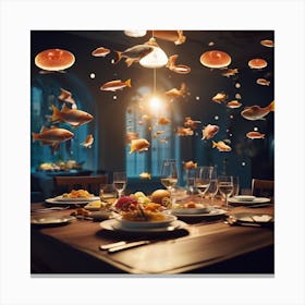 Fish Flying Over A Table Canvas Print