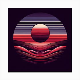 Title: "Retro Eclipse: A Synthwave Sunset"  Description: "Retro Eclipse" captures the essence of a synthwave-inspired sunset, where bold lines and vibrant colors converge to create a nostalgic tribute to the retro-futuristic aesthetic. The central sphere, bathed in gradients of pink and crimson, is reminiscent of a sun setting over a stylized digital ocean. This piece employs a striking contrast of dark and luminous stripes, suggesting the pulsing rhythm of an '80s electronic soundtrack. The artwork embodies a sense of calm yet dynamic energy, perfect for modern spaces that celebrate the fusion of past and future, nature and technology, through the medium of visual art. Canvas Print