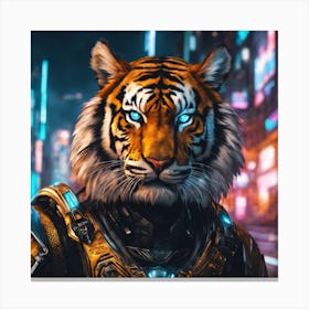 A highly detailed digital painting of a tiger wearing full body armor in a cyberpunk style. Canvas Print