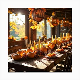 Autumn Table Decor Sprawling Across A Rustic Wooden Table Scattered Bright Orange Pumpkins Accompan (2) Canvas Print