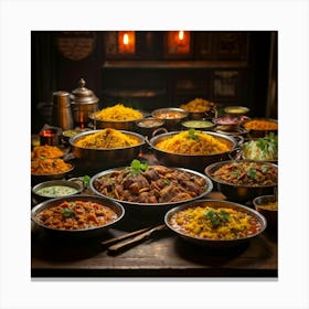 Assortment Of Indian Cuisine Showcasing Vibrant Freshness Biryani Dal Tandoori Vegetables And A (1) Canvas Print