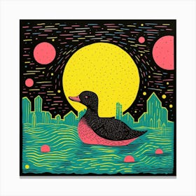 Duckling Linocut Style At Night 2 Canvas Print