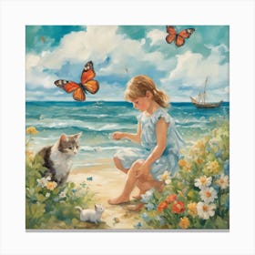 Little Girl With Cat And Butterflies Canvas Print