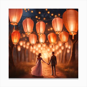 Couple Holding Lanterns In The Forest Canvas Print