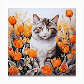 Cat In Orange Tulips Canvas Print