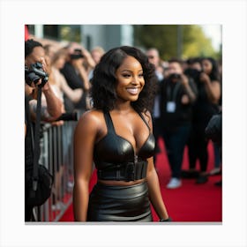 Available to purchase - A Sexy Black Woman With A Curvy Figure Wearing A Black Halter and Skirt on Red Carpet - Created by Midjourney Canvas Print