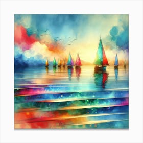 Sea Boats Artwork Painting Square Canvas Print