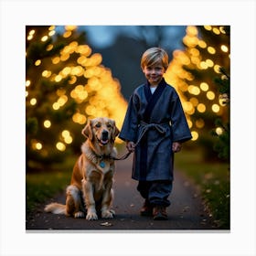 Boy And His Dog At Christmas Canvas Print