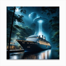 Alien Spacecraft Landed In A Moonlit Forest On A Rainy Night Glowing Interior Lighting Up The Misty Canvas Print