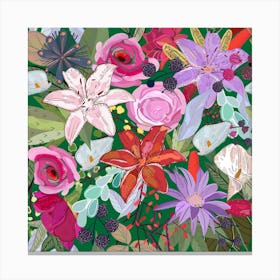 Lily And Colorful Flowers Pattern Square Canvas Print
