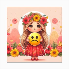 Cute Girl Holding Sad Emoticon Canvas Print