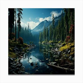 Lake In The Mountains,Majestic mountain peak reflects tranquil autumn beauty in nature Canvas Print