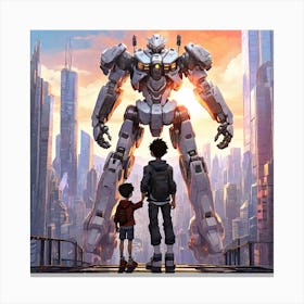 Mecha and Anime Boy in the City Skyline Canvas Print