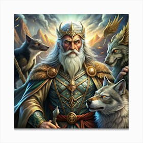 A Powerful And Majestic King With A White Beard And Crown, Surrounded By Wolves Canvas Print