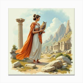 Athena With Owl Amid Ancient Greek Ruins, Watercolor 1 Canvas Print