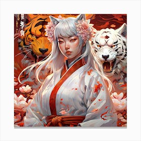 Mythical Tapestry: Samurai Girl and Tigers Canvas Print