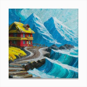 Acrylic and impasto pattern, mountain village, sea waves, log cabin, high definition, detailed geometric 13 Canvas Print