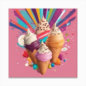 A Playful Design Featuring A Smiling Ice Cream Cone With Different Flavors And Toppings, Against A V Canvas Print