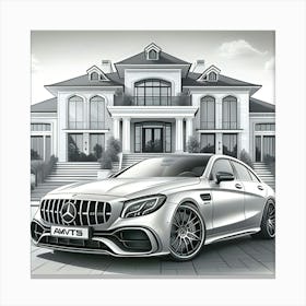 A Pencil Drawing Of A Mercedes Benz AMG In Front Of A Beautiful Modern Mansion Canvas Print