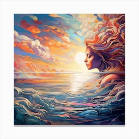 Sunset Woman In The Ocean Canvas Print