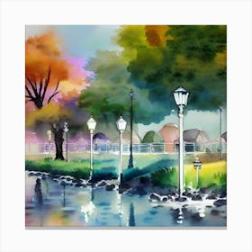 Watercolor Of A Park Landscape Canvas Print