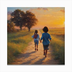 Two Children Walking Together At Sunset Canvas Print