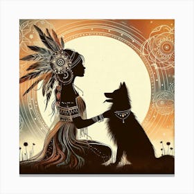 Boho art Silhouette of woman with dog 3 Canvas Print