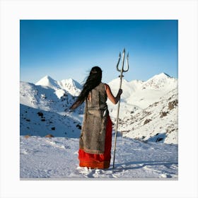 Firefly Graceful Indian Woman With Trident Walking Towards Snowy Hills 47468 Canvas Print