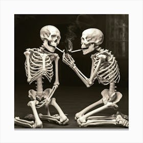 Two Skeletons Smoking Canvas Print