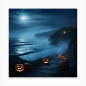 Ghostly Jack O Lanterns Glowing Eerily Beside A Winding Coastal Path Mist Hovering Over The Ocean 2 Canvas Print