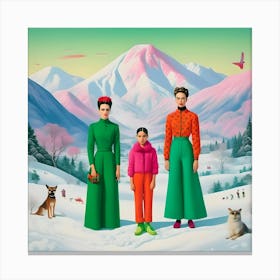 Frida Kahlo On The Snow With Friends Canvas Print