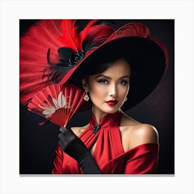 Victorian Woman In Red Dress With Fan Canvas Print