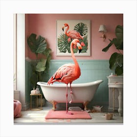 Pink Flamingo In Bathroom Canvas Print