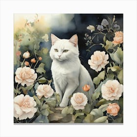 White Cat With Roses Canvas Print