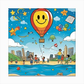 Cartoon Illustration Of A Hand Drawn Balloon Adorned With A Happy Face Floating Over A Bustling Beac Canvas Print